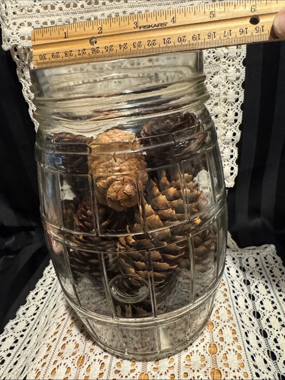 Vintage Barrel Shaped Glass Jar with Real Pine Cones